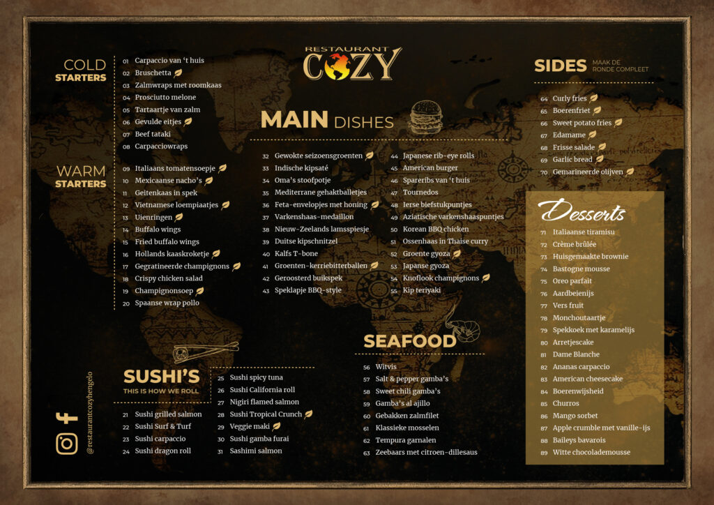 Menukaart van Restaurant Cozy in juli 2024
